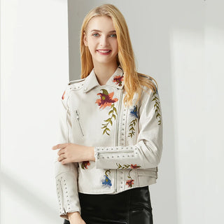 Blouson Simili Cuir Brodé avec Motifs Floraux - Milanoza