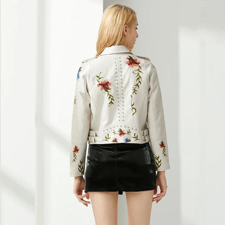 Blouson Simili Cuir Brodé avec Motifs Floraux - Milanoza