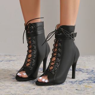 Bottines noires ouvertes à lacets avec talons hauts et lanières de cheville - Milanoza