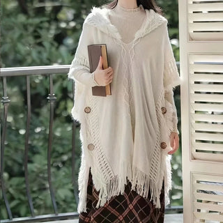 Poncho Femme Chaud avec Capuche et Franges Chic pour Quatre Saisons - Milanoza