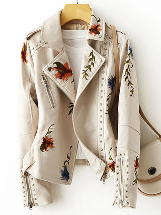 Blouson Simili Cuir Brodé avec Motifs Floraux - Milanoza