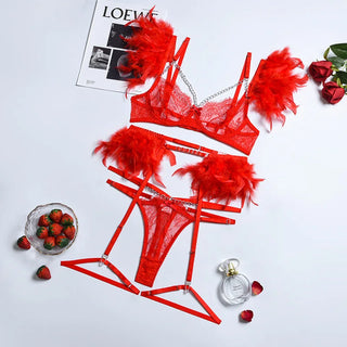 Ensemble de Lingerie String Dentelle + Soutien-Gorge + Porte-Jarretelles - Milanoza