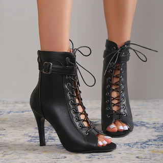 Bottines noires ouvertes à lacets avec talons hauts et lanières de cheville - Milanoza