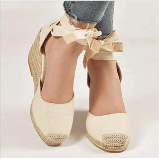 Espadrilles compensées beige à lacets avec semelle en jute - Milanoza