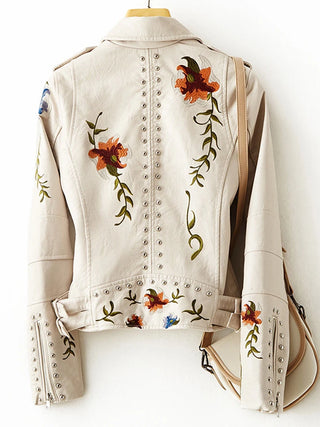 Blouson Simili Cuir Brodé avec Motifs Floraux - Milanoza