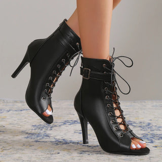 Bottines noires ouvertes à lacets avec talons hauts et lanières de cheville - Milanoza