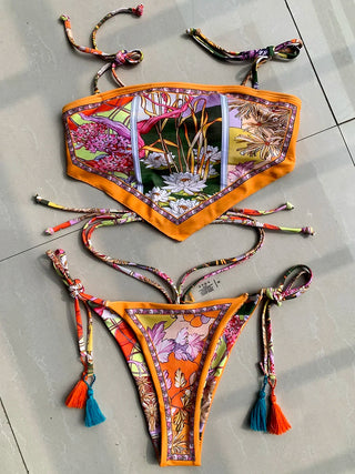 Bikini à Motifs Floraux et Tropicaux avec Détails Bohèmes - Milanoza