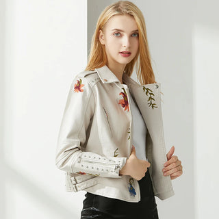 Blouson Simili Cuir Brodé avec Motifs Floraux - Milanoza