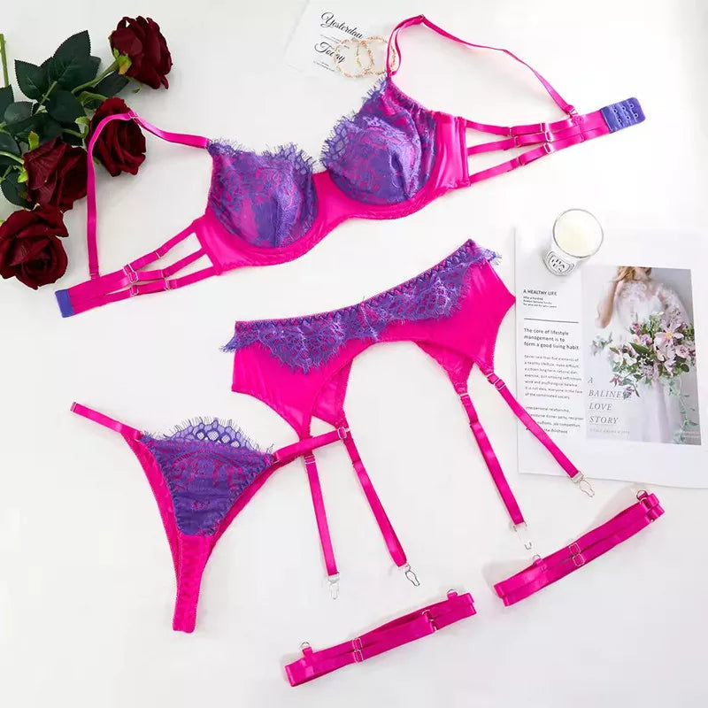 Ensemble Sexy String Dentelle + Soutien Gorge + Jarretière - Milanoza